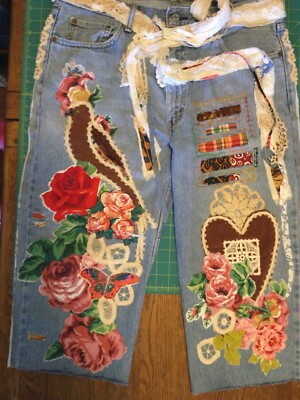 Vintage Levi s 550 RF Custom Upcycled Reworked Patchwork Appliqué Jeans W/Belt