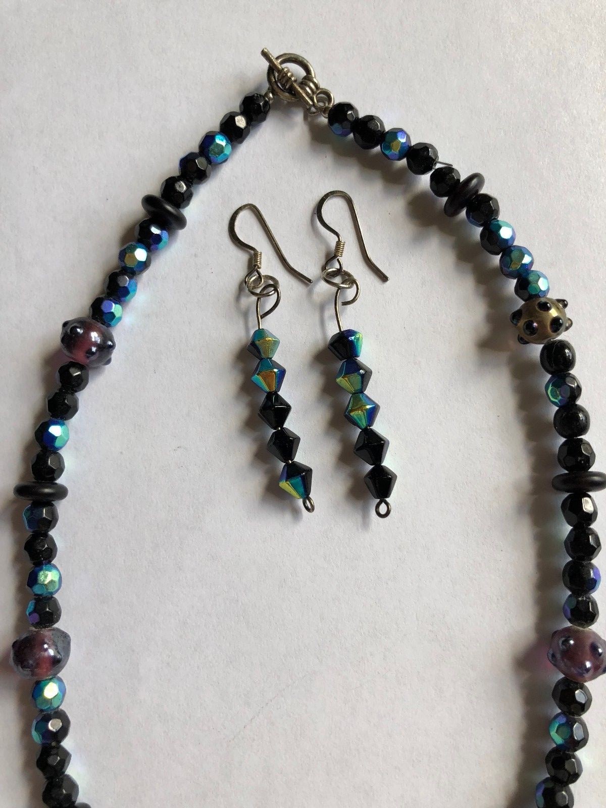 Vintage Single Strand AB Aurora Borealis Black Glass Bead Necklace & Ear Rings