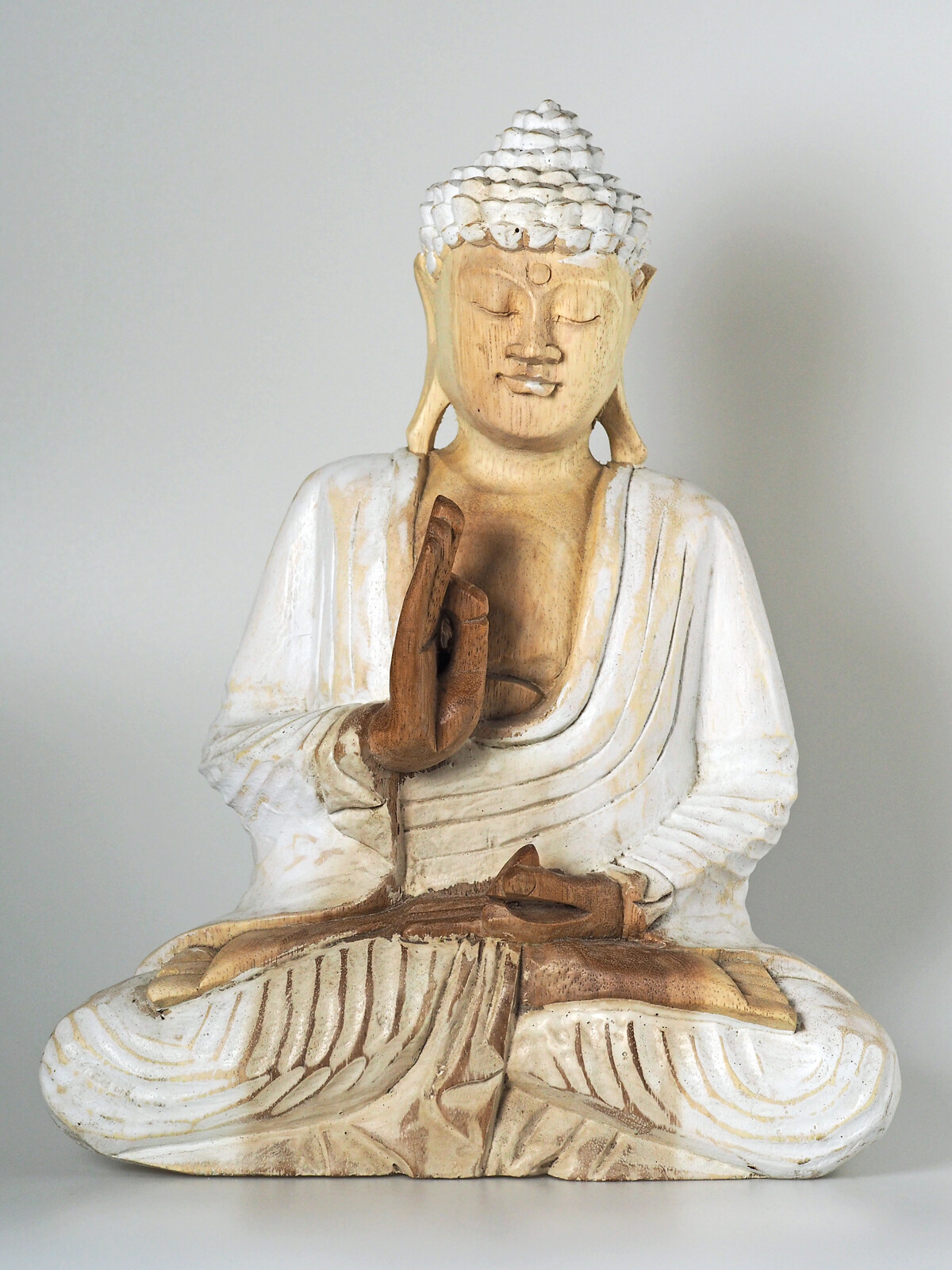 Grande Statue Bouddha En Bois – Hathi – 60 Cm – Position Gyan Mudra Sur Fleur De Lotus