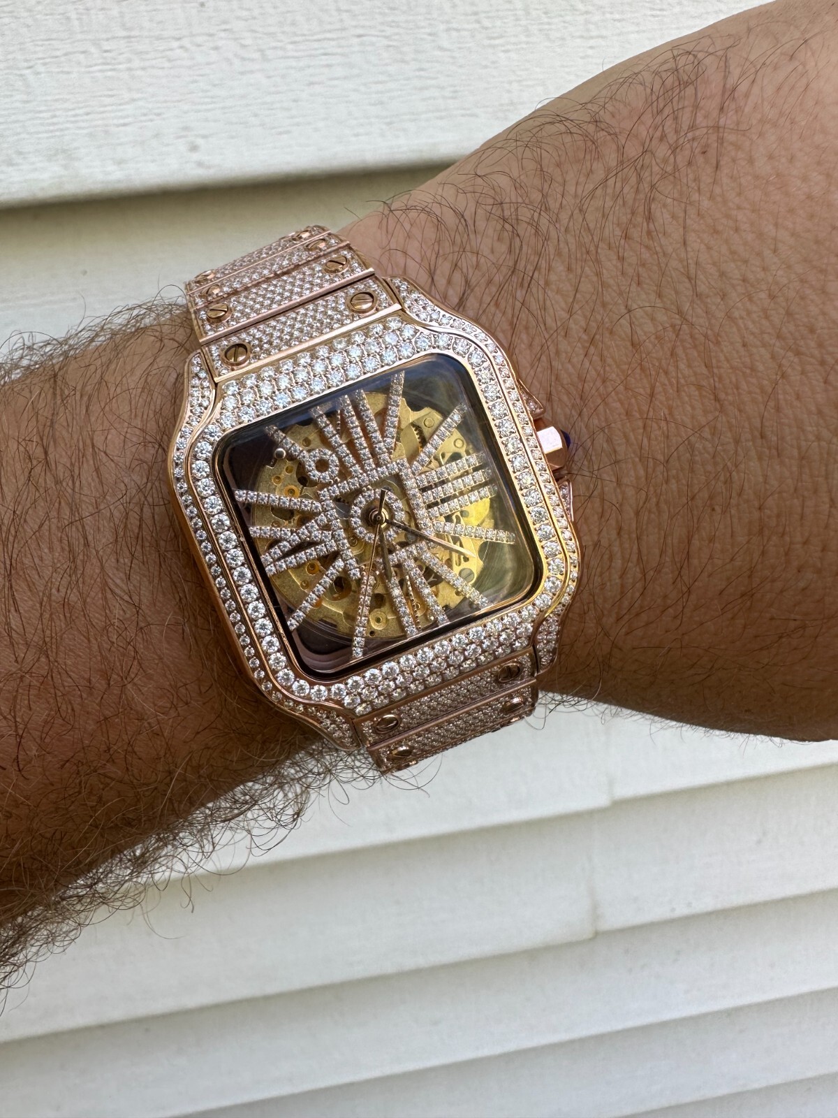 Pre-owned Hip Hop Real Mens Moissanite 14k Rose Gold Watch Iced Automatic Movement Hiphop Skeleton