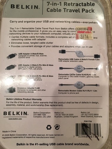 Belkin 7-in-1 Retractable Cable Travel Pack F3X1724 New In Case