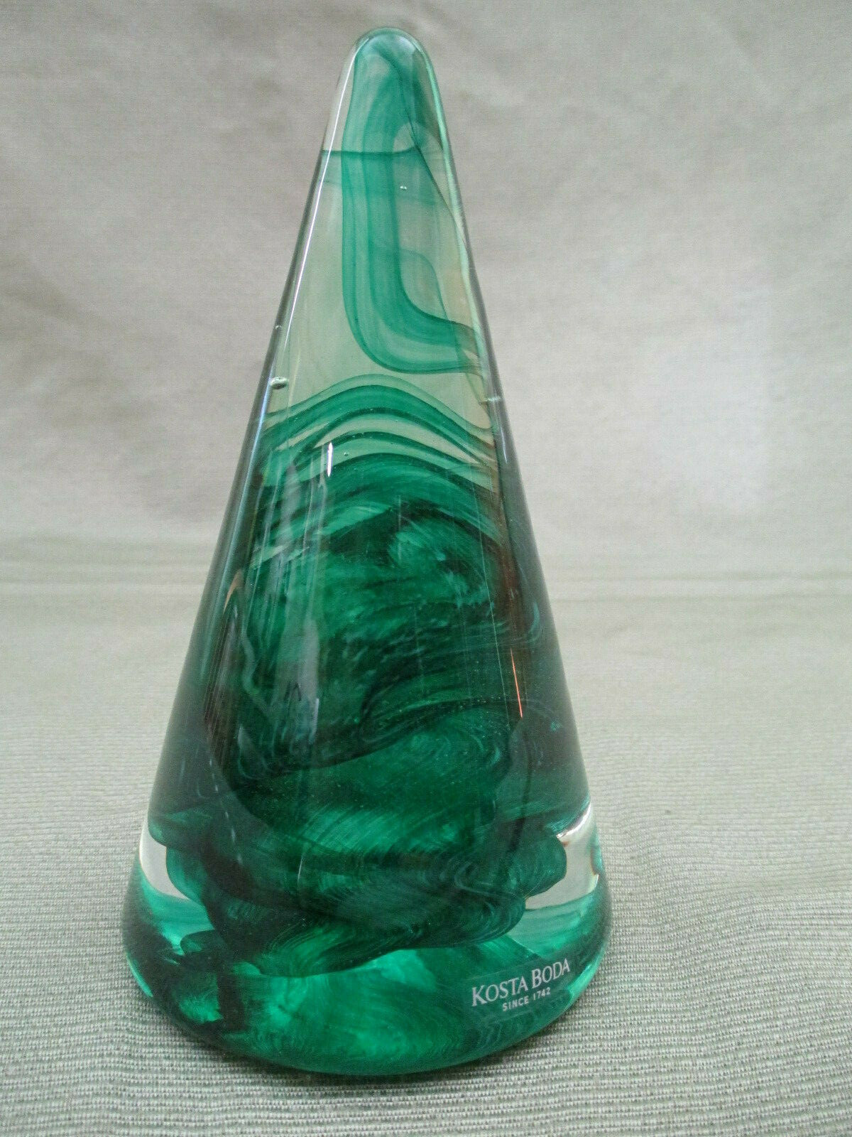 Pair of KOSTA BODA Green Glass Atoll Cone Tree Paperweight  - Sweden Anna Ehrner