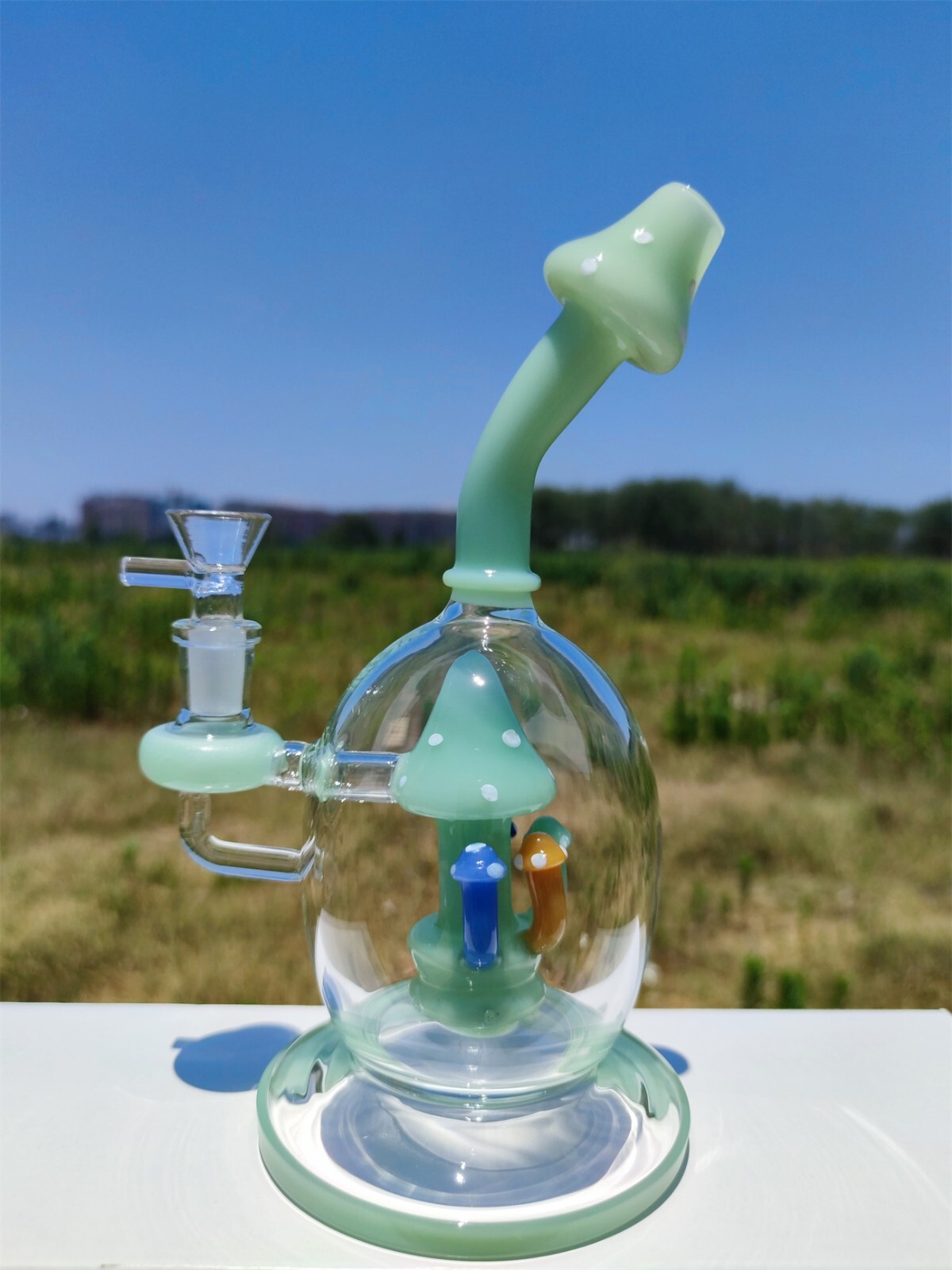 8" Cream Heavy Green Mushroom Recycler Glass Bong 14mm Bowl Water Pipes Hookah