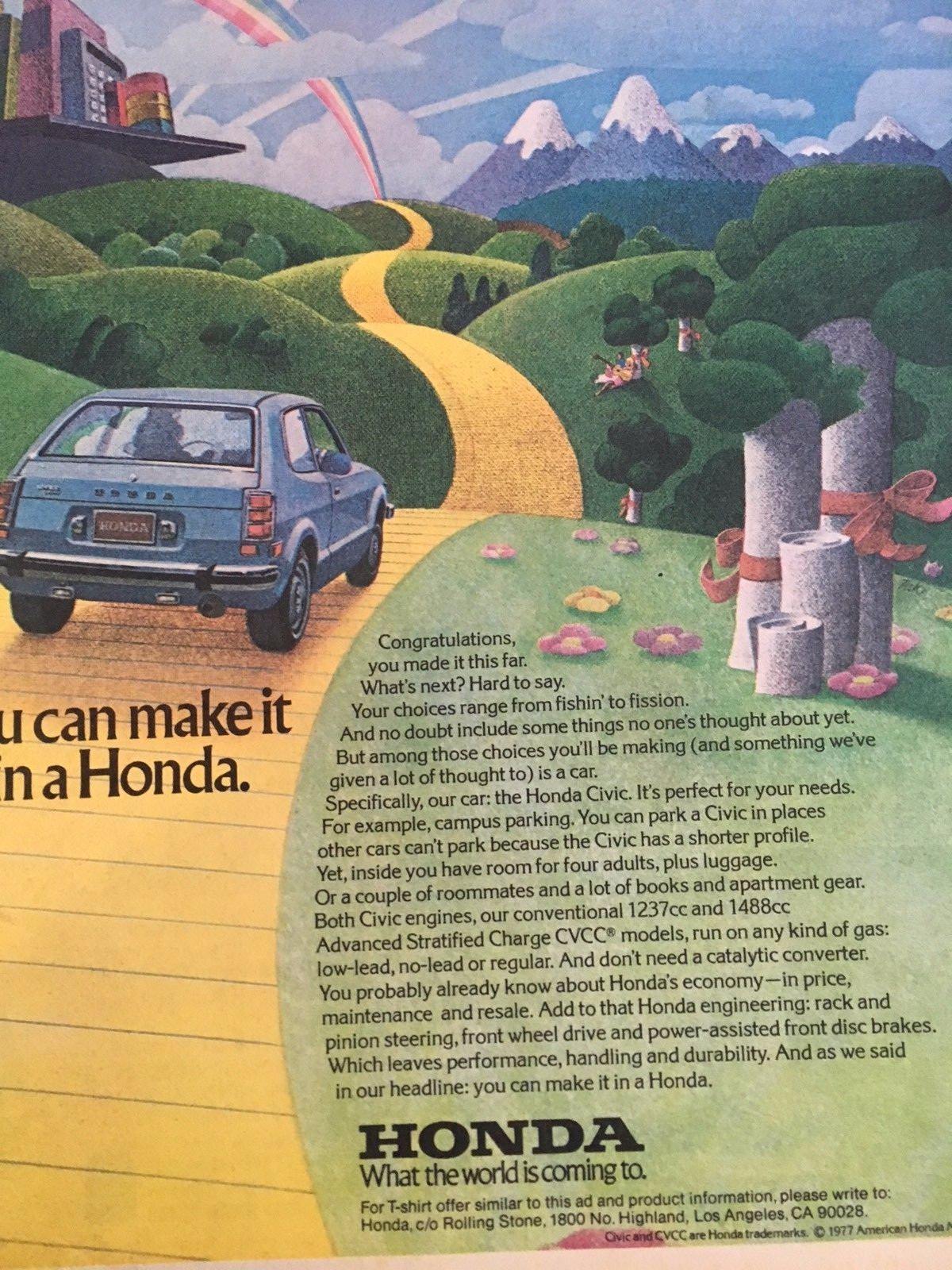 1977 Vintage HONDA CAR AUTOMOBILE CENTERFOLD ADVERTISEMENT Pinup Poster CIVIC