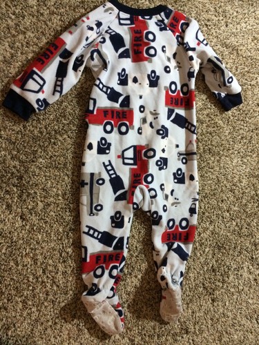 Carter's Blue Fleece Footie PJs w/ Fire Trucks. Size: 12 Months.