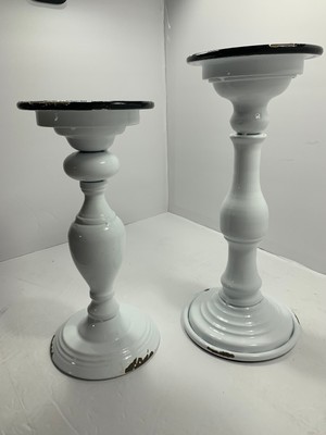 Set of 2 white enameled candle holders heavy NICE!