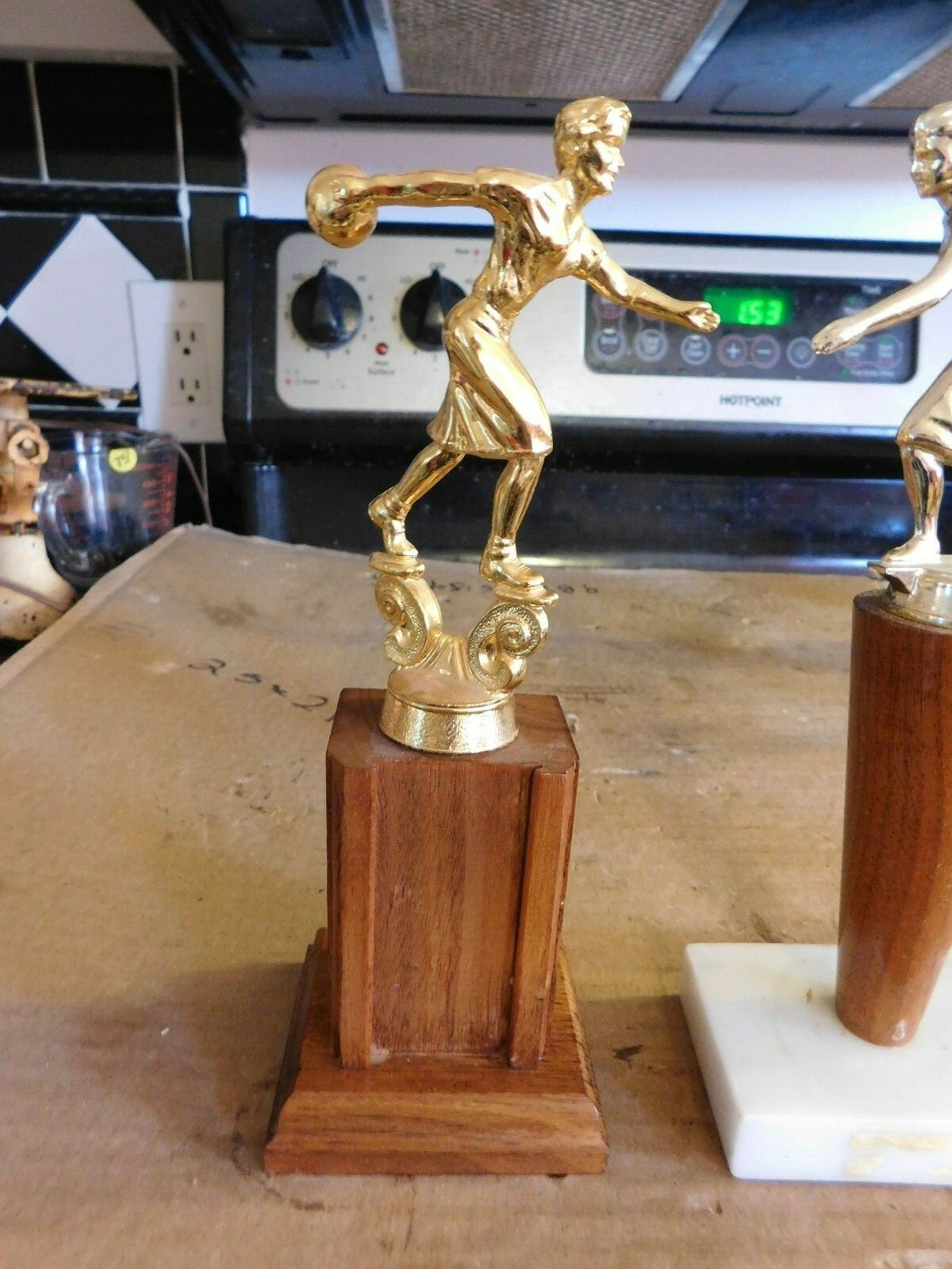 PAIR OF MID-CENTURY WALNUT/MARBLE  BOWLING TROPHIES W/METAL TOPPERS GROUP #3