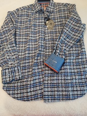 VISCONTI MENS Shirt BLACK LABEL Blue PLAID Leaf BUTTON UP New NWT S