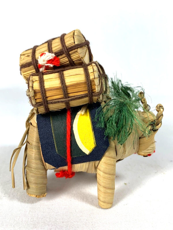 Rice Straw Oxen Japan Vintage Lucky Figurine Carrying 3 Bales Of Rice & Mino