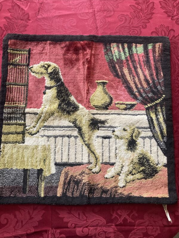 Italian vintage tapestry of two dogs looking at a bird