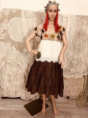Altered couture Handmade Crochet & Lace Earth Colors Lagenlook Bohemian Dress L
