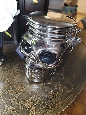 New Halloween Day Of Dead Silver Chrome Skull Hinged Candy Cookie Jar Canister