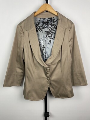 Sisley Camel Tan Striped Button Front Stretch Office 3/4 Sleeve Blazer Size S