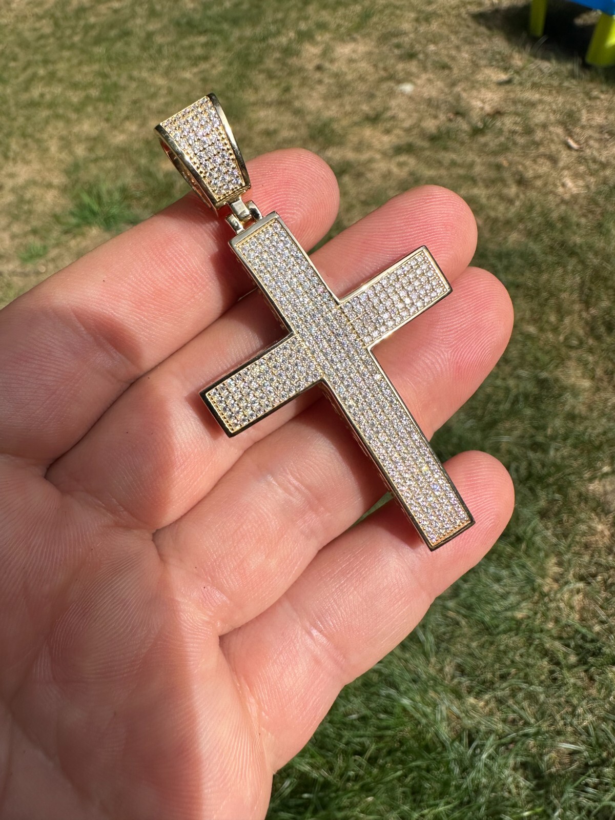 Pre-owned Hip Hop Solid 10k Yellow Gold 3ct Vvs Moissanite Cross Pendant Necklace 19g Mens Large In White