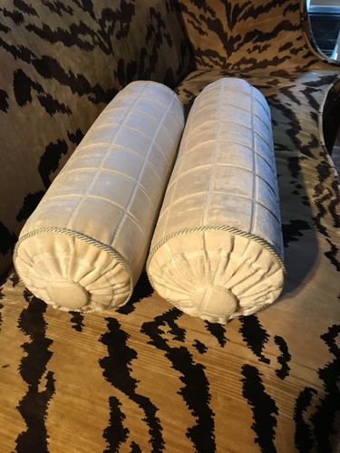 Pr. Scalamandre Ivory Silk Cut Velvet Bolsters Neckrolls Pillows