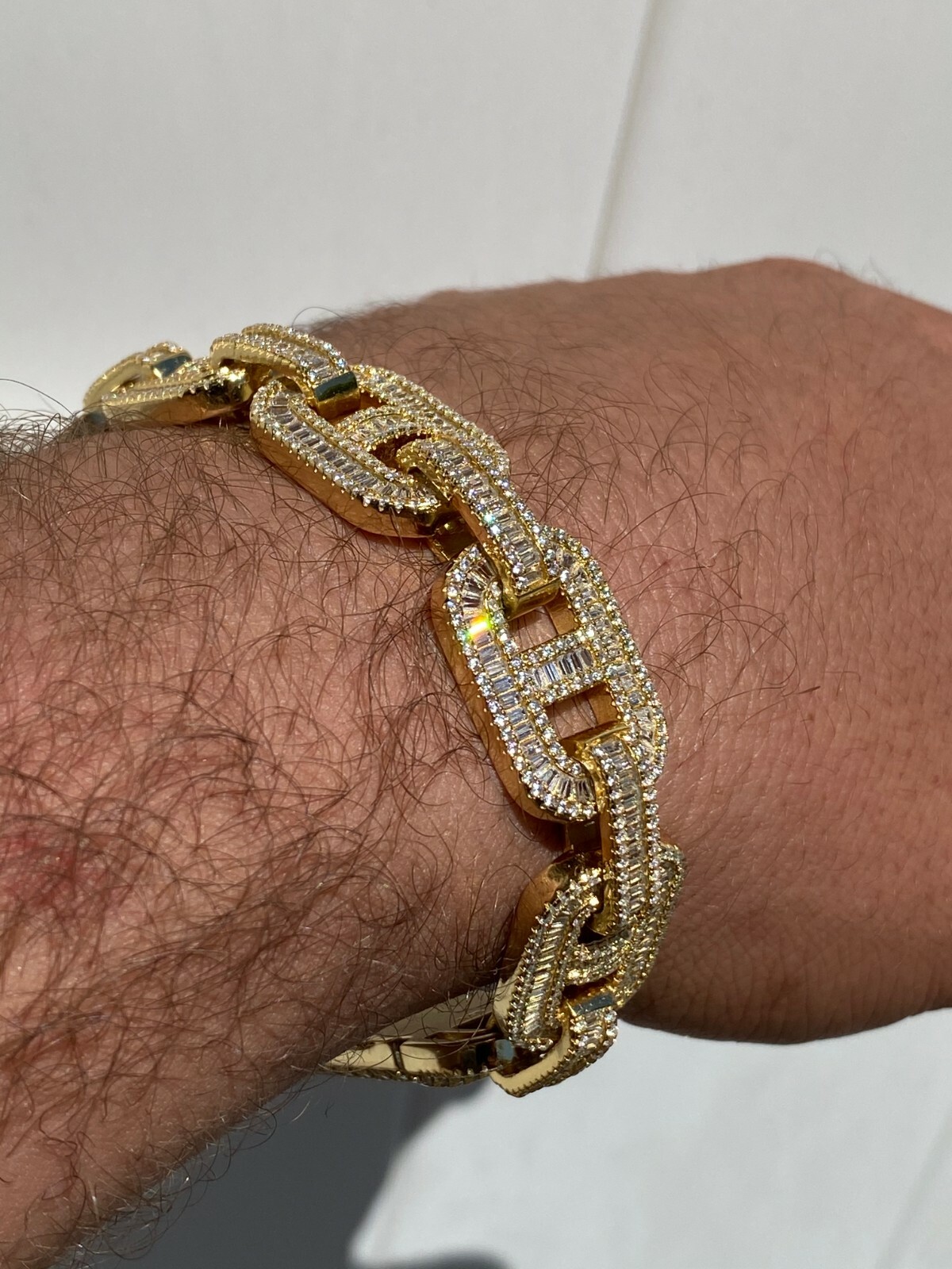 Pre-owned Silver Men's Real 14k Gold Plated Solid 925  Baguette Gucci Link Bracelet 15mm Cz