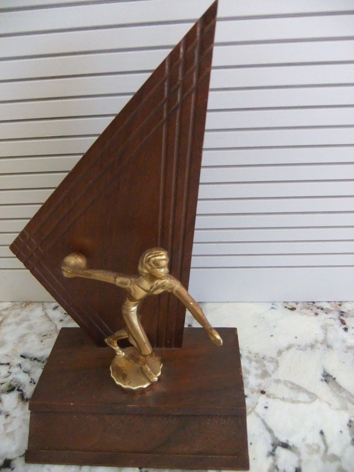 Vtg Women's Wooden & Gold Tone Metal Bowling Trophy 1950's - Mid Century Decor