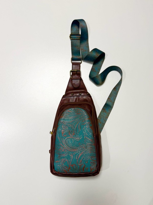 Western Tooled Vegan Brown Leather Sling Bag Crossbody Purse Brown Teal western,