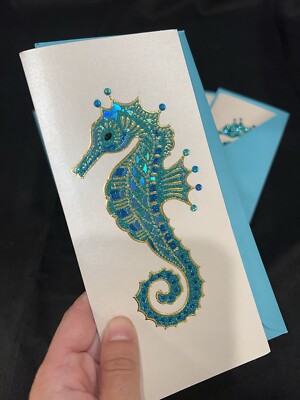 NEW Rare Papyrus Glitter Sea Horse Greeting Card Blank Inside Blue Green Bling