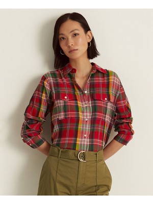 

LAUREN RALPH LAUREN Женский красный клетчатый топ на пуговицах с длинными рукавами и подолом, размер