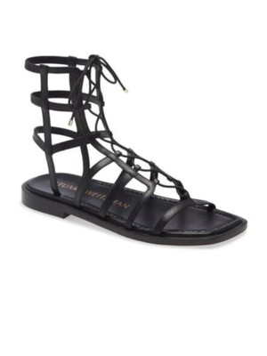 Pre-owned Stuart Weitzman Womens Black Kora Toe Block Heel Leather Gladiator Sandles 5.5 B