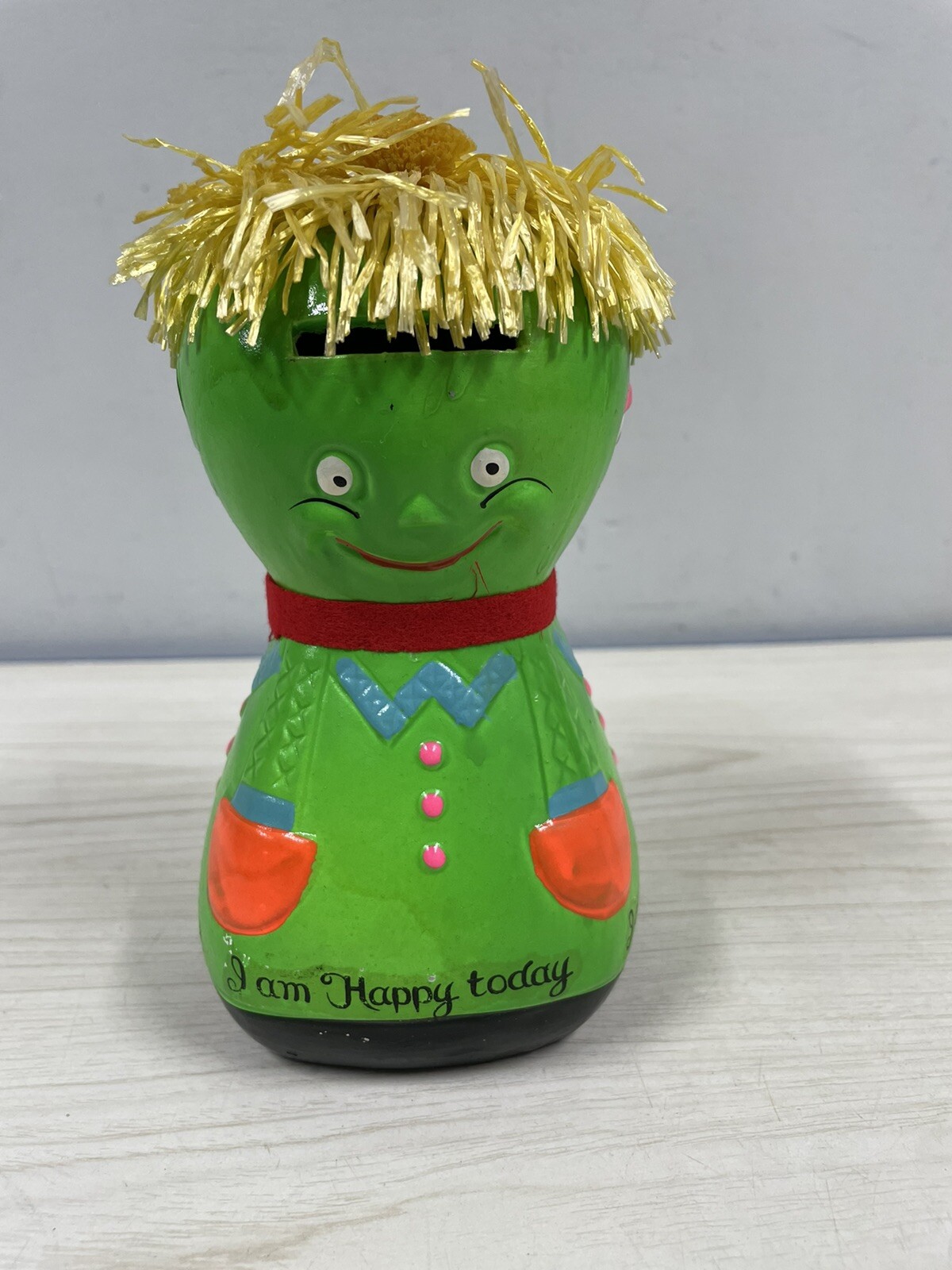 Vtg Japan Chalkware Coin Bank 4-Sided EMOTIONS MOODS Display Straw Hair LEGO