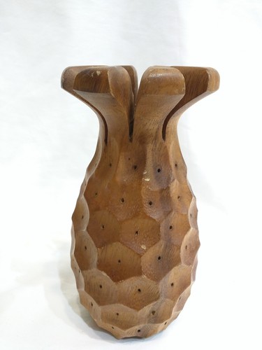 MONKEY POD HAND CARVED WOOD PINEAPPLE APPETIZER TOOTHPICK HOLDER HAWAII TIKI BAR