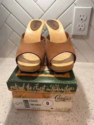 Vintage 1980's Candies Original Sandals Tan Camel High Heels Slides 9 / 40 Italy