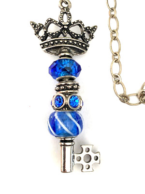 Silver Tone/Cobalt Blue Lamp work Beads Crown/Skeleton Key Pendant Necklace