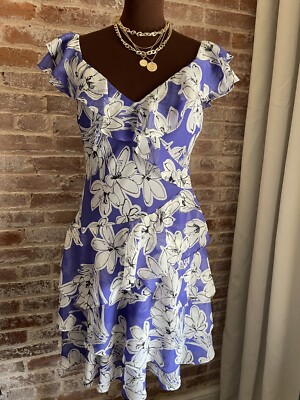 New! Donna Karan Pretty Purple White Floral Ruffle Tiered Cocktail Dress Size 6