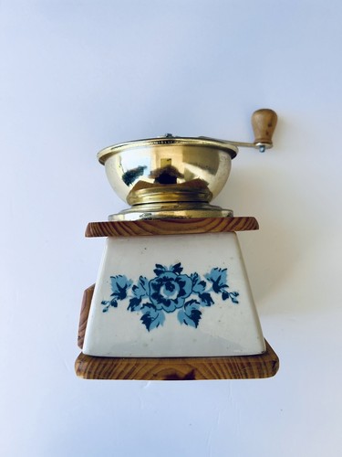 Vintage Cafe Coffee Grinder Hand Mill French Blue White Porcelain Brass Wood