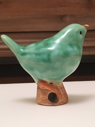 WOLFE STUDIO CERAMIC ART HAND MADE BIRD GREEN CRACKLE GLAZE CHIPPED
