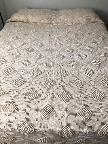 Bedspread-Vintage Hand crocheted fringed  full/queen about 90
