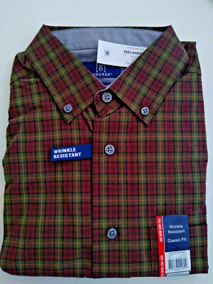 GEORGE WRINKLE RESISTANT Burgundy Plaid Long Sleeve Button Front Shirt Sz XS