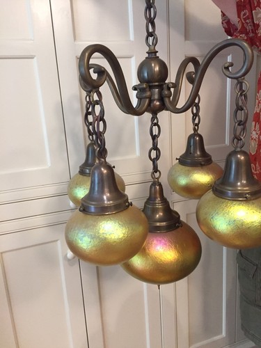 Vintage Brass 5 Light Art Nouveau Chandelier & Blown Lundberg Studios Shades