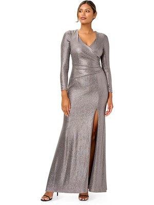 ADRIANNA PAPELL Womens Gray High-slit Lined Long Sleeve Sheath Dress 14