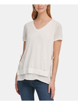 

DKNY Женский белый топ с V-образным вырезом и короткими рукавами с галстуком. Размер