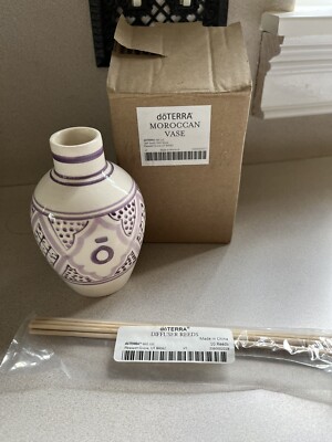 Doterra Moroccan vase and diffuser reeds NEW! Purple and white 5 inches tall