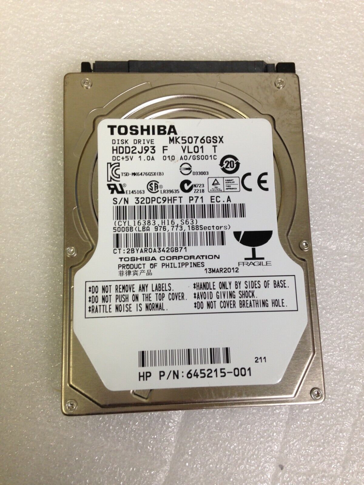 Toshiba MK5076GSX, A0/GS001C, HDD2J93 F VL01 T, 500GB SATA Toshiba MK5076GSX, A0/GS001C, HDD2J93 F VL01 T, 500GB SATA