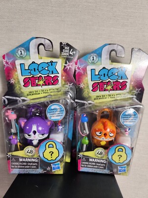 New Lock Stars Series 1 Set Of 2 Orange Dinosaur & Purple Cat Kitten Toy Padlock