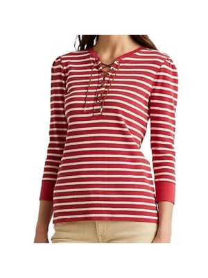 

RALPH LAUREN Женский красный текстурированный топ Henley со шнуровкой и воротником в полоску с длинными рукавами