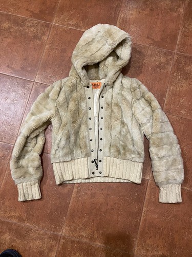 Women's Juicy Couture Faux Fur Jacket size L Y2K Cream