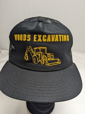 VTG Vintage Trucker Hat Snapback Cap Black Woods Excavating Construction Trade