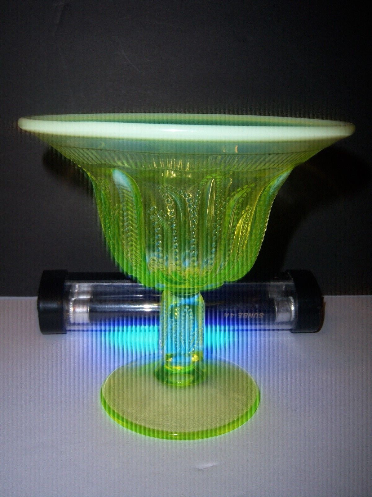 ...FOOTED GREEN VASELINE GLASS CANDY DISH W/OPALESCENT AROUND TOP