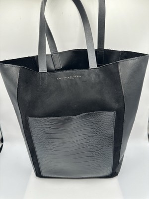VINTAGE DONNA KARAN BLACK SUEDE CROC EMBOSSED LEATHER TOTE SHOULDER HANDBAG