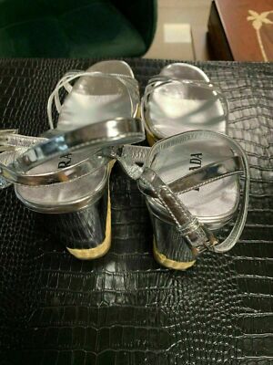 Pre-owned Prada Wedge Paglia Leather Sandals Heels Shoes Mules 40.5 In Silver