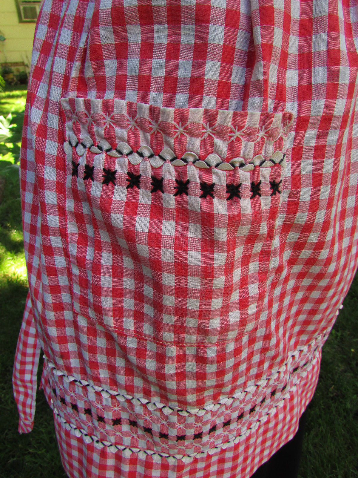Vintage Red and White Gingham Apron Black Cross Stitching White Rick Rack