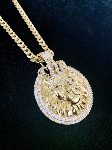 Solid 18K Gold Lab Diamonds LION KING Pendant Chain Necklace LIFETIME WARRANTY