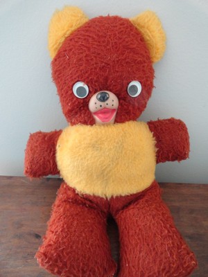 vintage cinnamon & yellow stuffed plush bear w/ rubber nose &