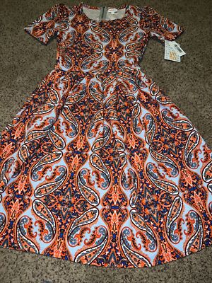 NEW Lularoe Dress XS 2/4 Blue Orange Paisley Zipper Pockets Pleated Unicorn  